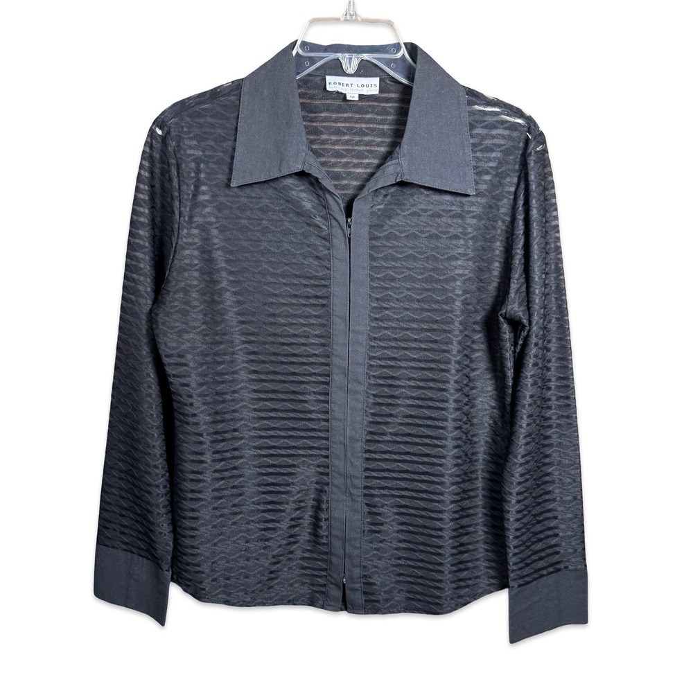 Robert Louis Sheer Silk Blend Zip Front Blouse Textured Grey Black Medium